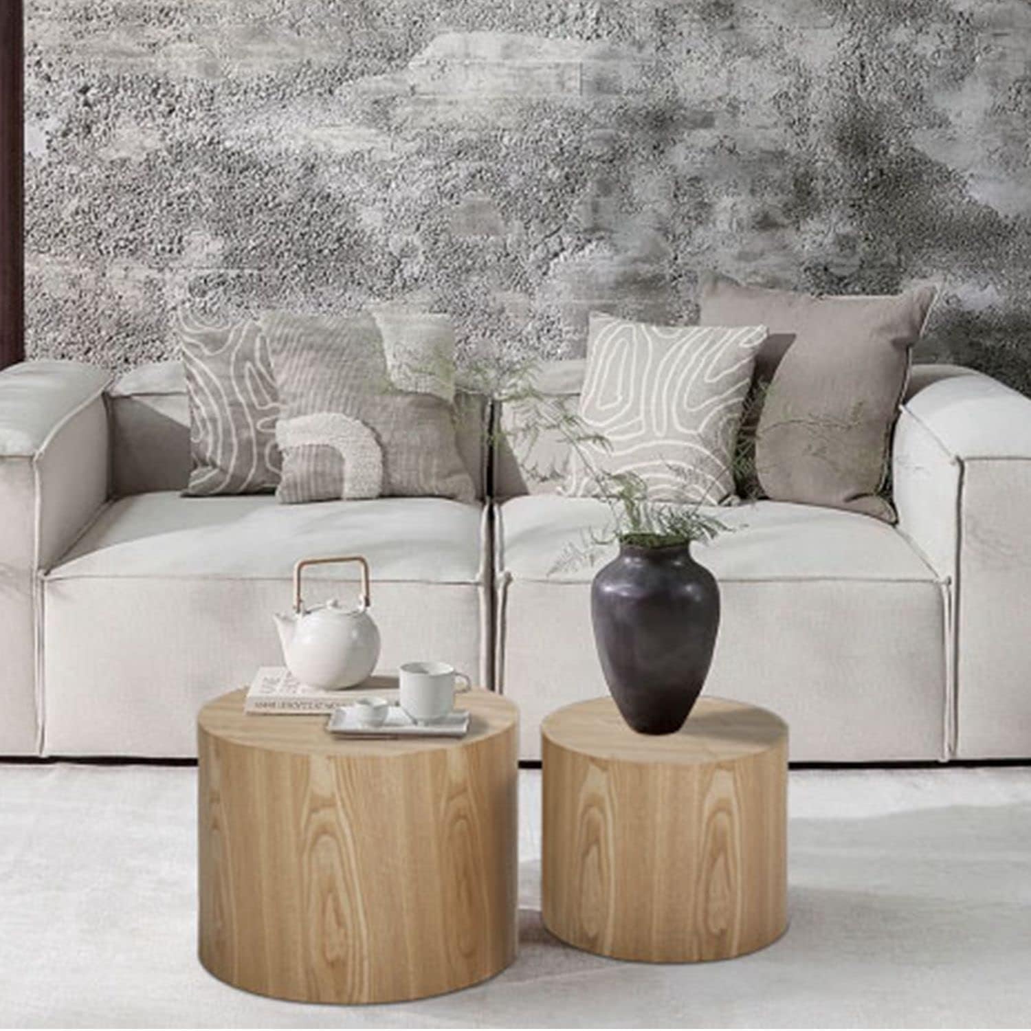 Small Wood Side Table Round Nesting End Table Coffee Tables Nesting Tables Set of 2 for Living Room Bedroom Office No Need Assembly Oak 18.8" W x 14.9" H