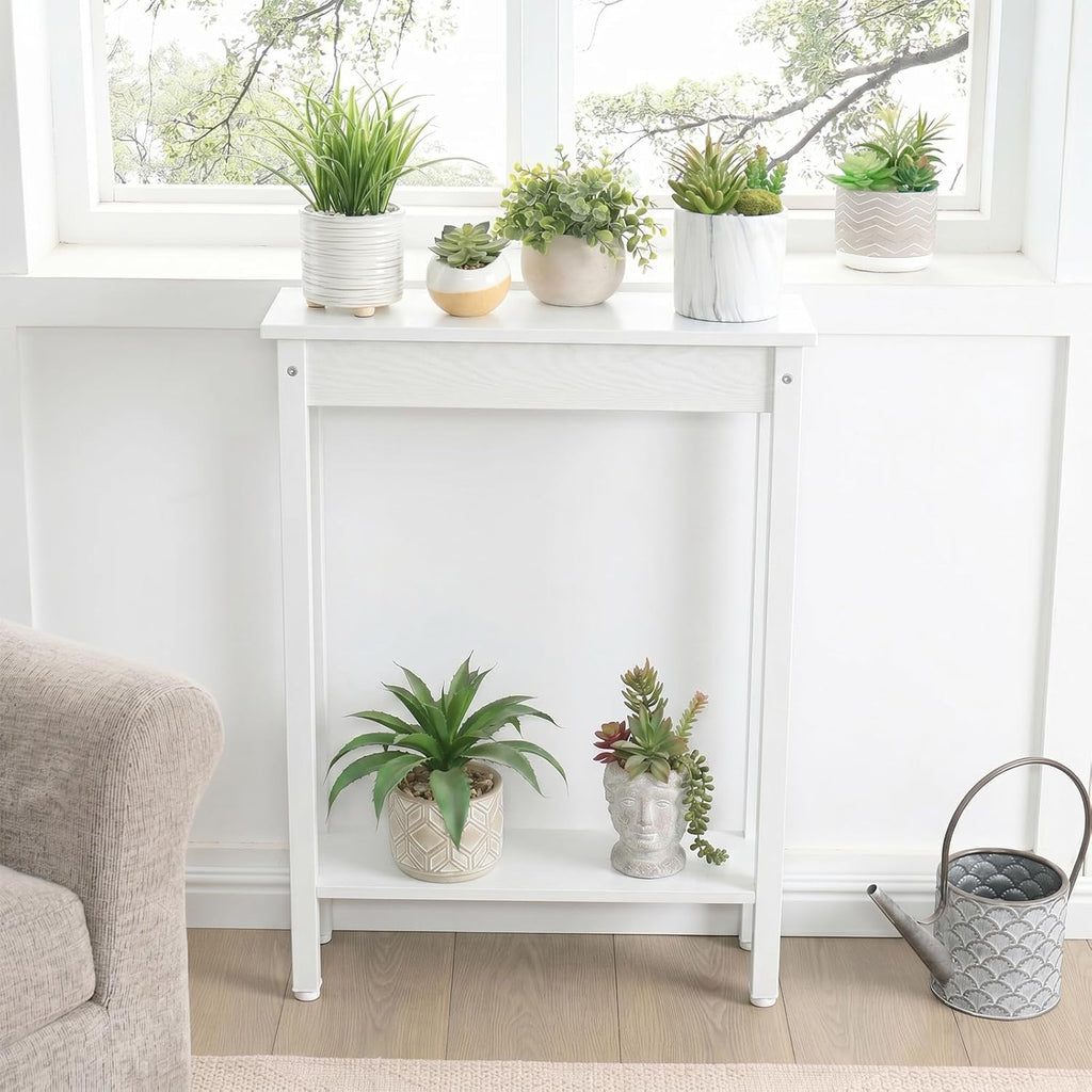 Small Console Table with Shelf Little Narrow Entryway Table Skinny Thin High Tall Display Stand for Entry Hall Hallway, Foyer, as Eextension for Long Behind Couch Sofa Table/Kitchen Countertop, White