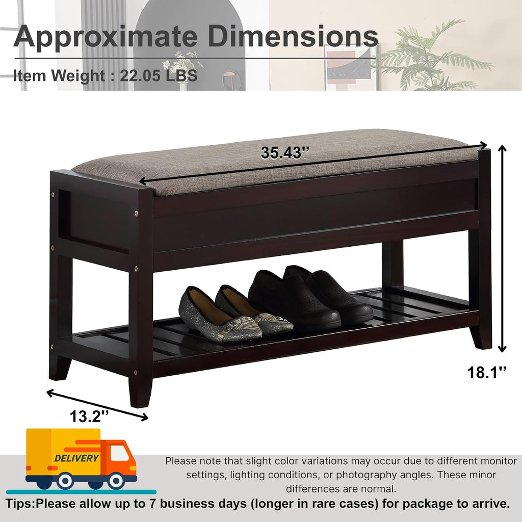 End of Bed Wood Bench for Bedroom, Mid Century Retro Upholstered 35.4'' Wooden Storage Shoe Bench Ottoman for Entryway, Hallway, Bedroom.