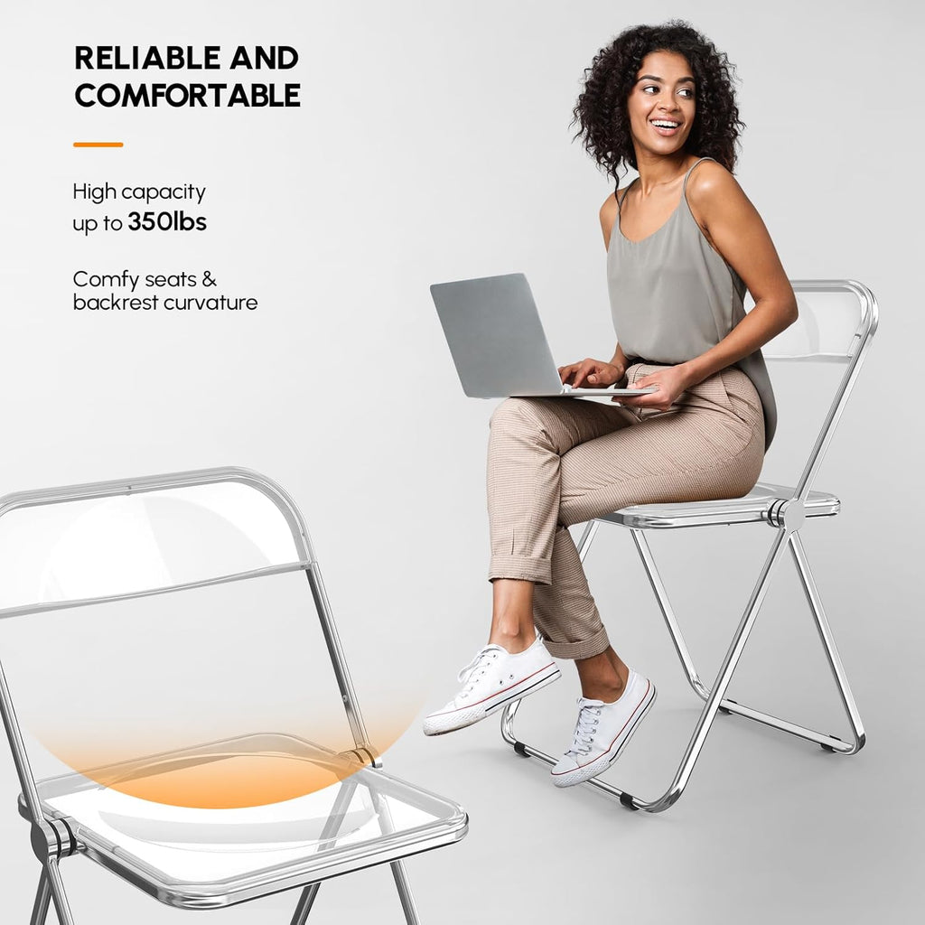 VINGLI Acrylic Folding Chairs 2 Pack, Clear Chair Foldable and Stackable, Plastic Panel & Metal Chrome Frame, Weight Capacity 350 lbs, Transparent