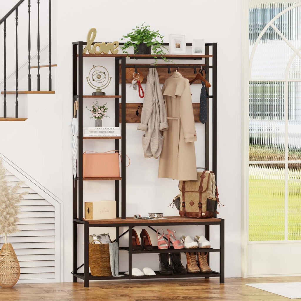 BON AUGURE Hall Tree with Shoe Storage, 5-in-1 Reversible Entryway Bench with Coat Hooks for Hallway, Rustic Wood and Metal Coat Rack with Shelves for Mudroom (Rustic Oak)