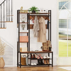 BON AUGURE Hall Tree with Shoe Storage, 5-in-1 Reversible Entryway Bench with Coat Hooks for Hallway, Rustic Wood and Metal Coat Rack with Shelves for Mudroom (Rustic Oak)