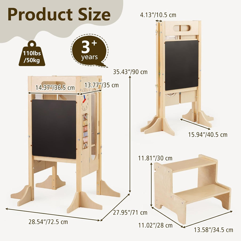 OLAKIDS Toddler Tower Foldable, 4-in-1 Wooden Standing Tower with 2 Step Stool, Chalkboard, Montessori Activity Games Safety Net, Kitchen Stool Helper for Kids 3+ Years