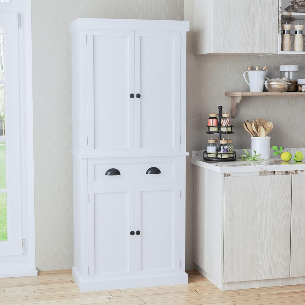 Flamaker 72" Kitchen Pantry Cabinet, Tall Pantry Storage Cabinet with Drawer and 4 Adjustable Shelves, Freestanding Pantry Cupboard Cabinet for Kitchen, Dining Room and Living Room (White)