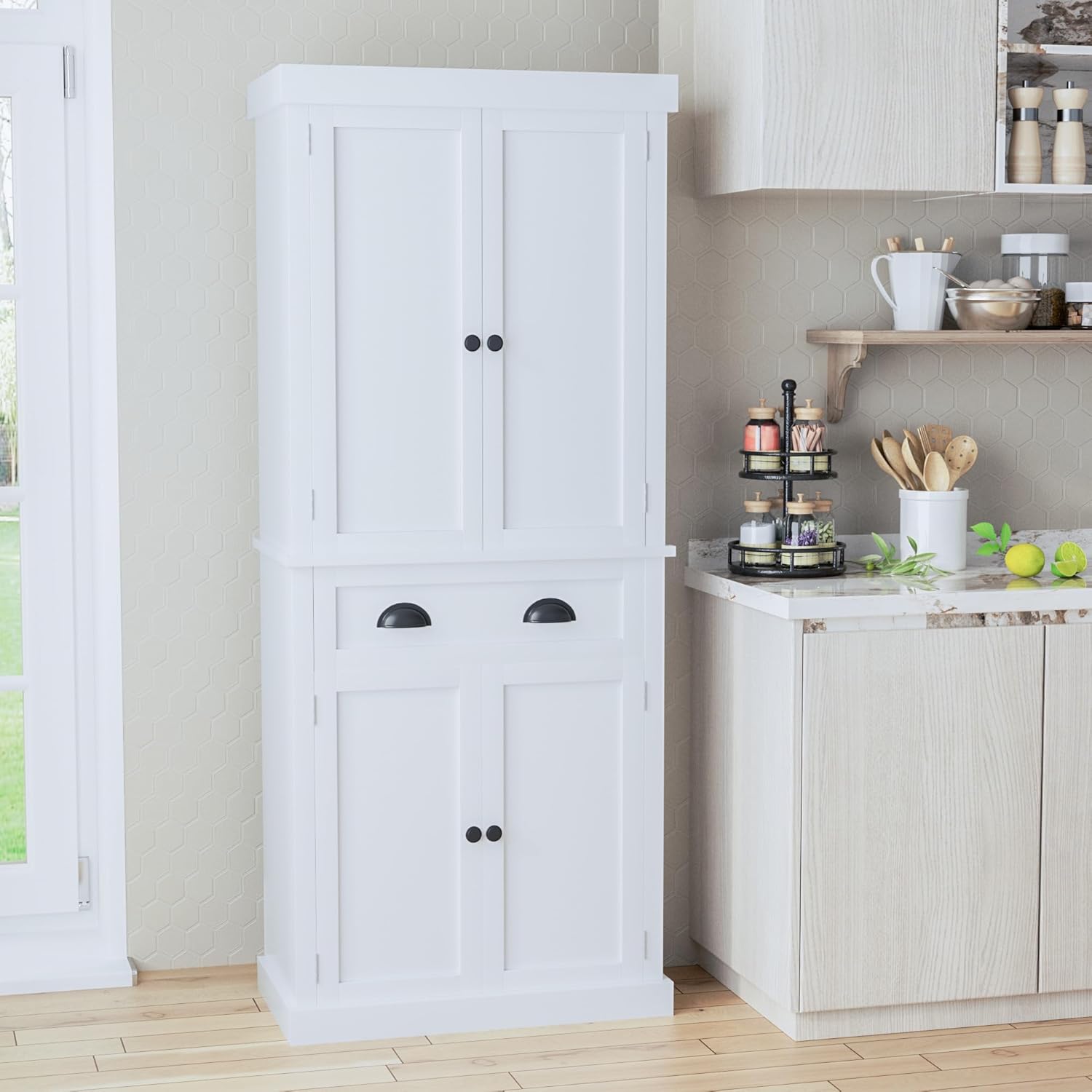 Flamaker 72" Kitchen Pantry Cabinet, Tall Pantry Storage Cabinet with Drawer and 4 Adjustable Shelves, Freestanding Pantry Cupboard Cabinet for Kitchen, Dining Room and Living Room (White)