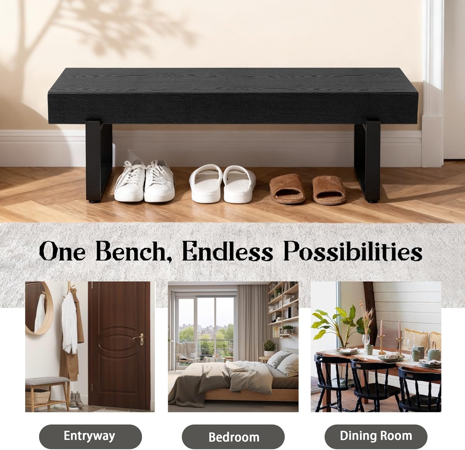 59" Wood Bench for Bedroom End of Bed, Farmhouse Indoor Kitchen Table Benches,Versatile Modern Shoe Bench for Entryway, Black