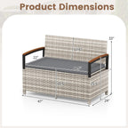 RELAX4LIFE Wicker Outdoor Storage Bench, Rattan Deck Box w/Protective Liner for Patio Furniture Pillows & Garden Tools, Porch Loveseat with Seat Cushion, Acacia Wood Armrests (Grey)