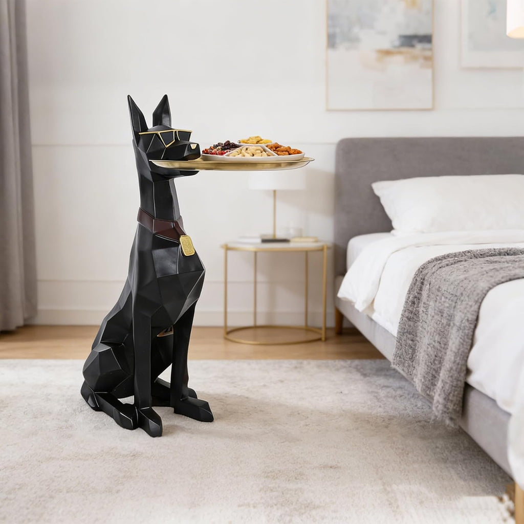 29in Geometric Dog Accent Table with Tray Butler Statue Animal Side Table for Modern Home Decor Dog Butler Statue with Tray Animal Accent Table for Living Room, Bedroom, Study, Patio (Black)