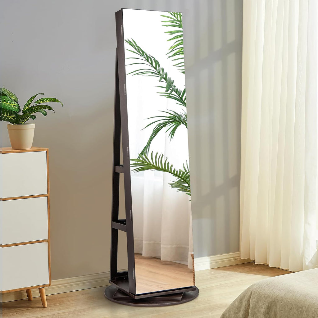 CHARMAID 360° Swivel Jewelry Armoire with Full Length Mirror, Rear Storage Shelves, Lockable Standing Jewelry Cabinet Organizer with Interior Vanity Mirror and 3-Color Lights (Espresso)