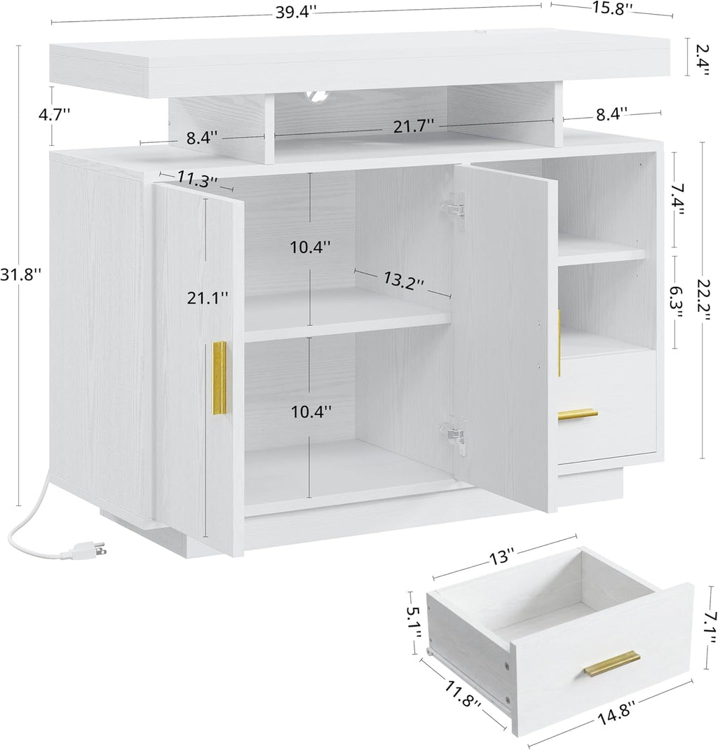 IRONCK Buffet Cabinet, Sideboard Cabinet with Power Outlet and LED Light, Modern Storage Cabinet with Drawer and Shelves, White