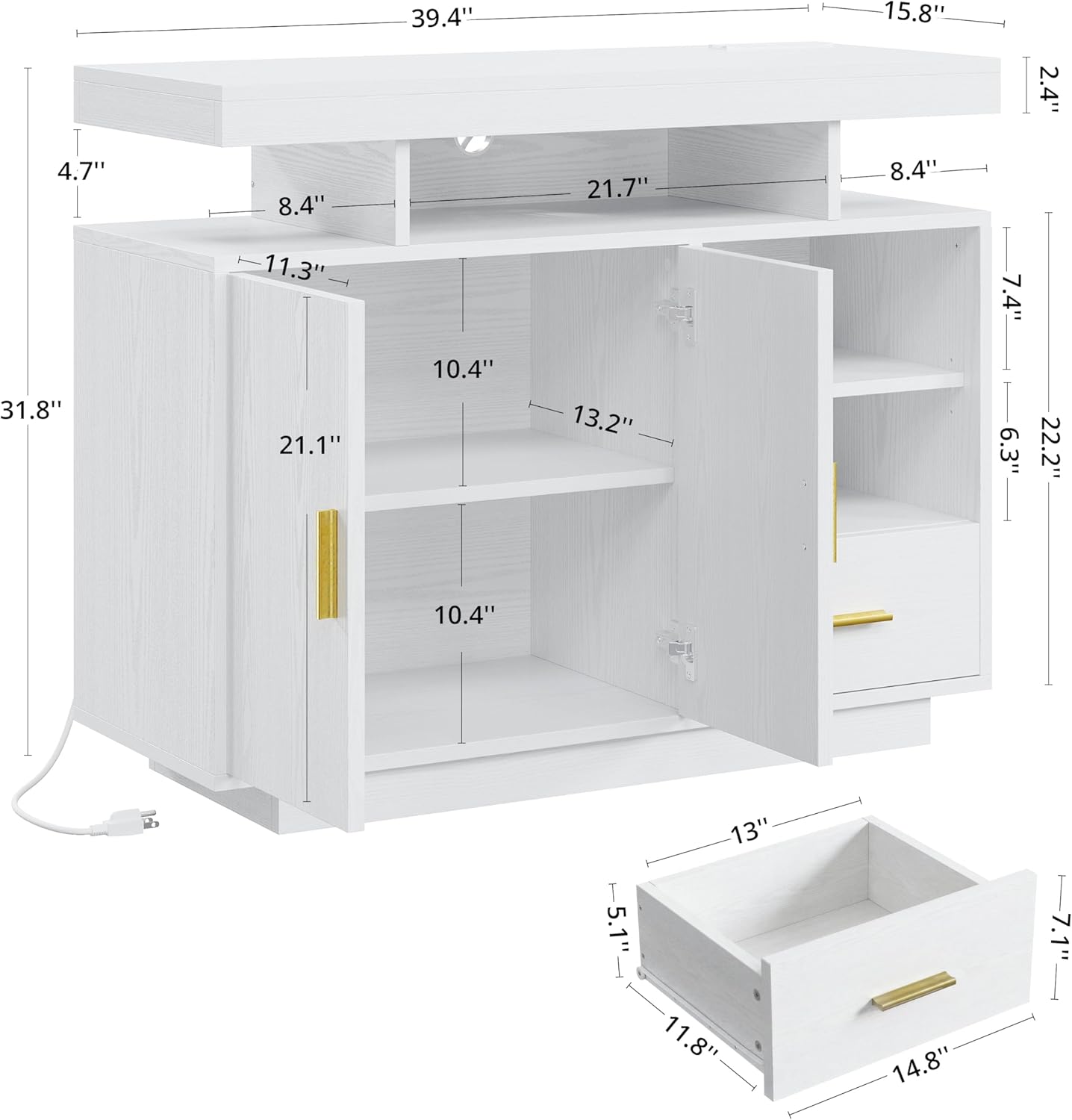 IRONCK Buffet Cabinet, Sideboard Cabinet with Power Outlet and LED Light, Modern Storage Cabinet with Drawer and Shelves, White