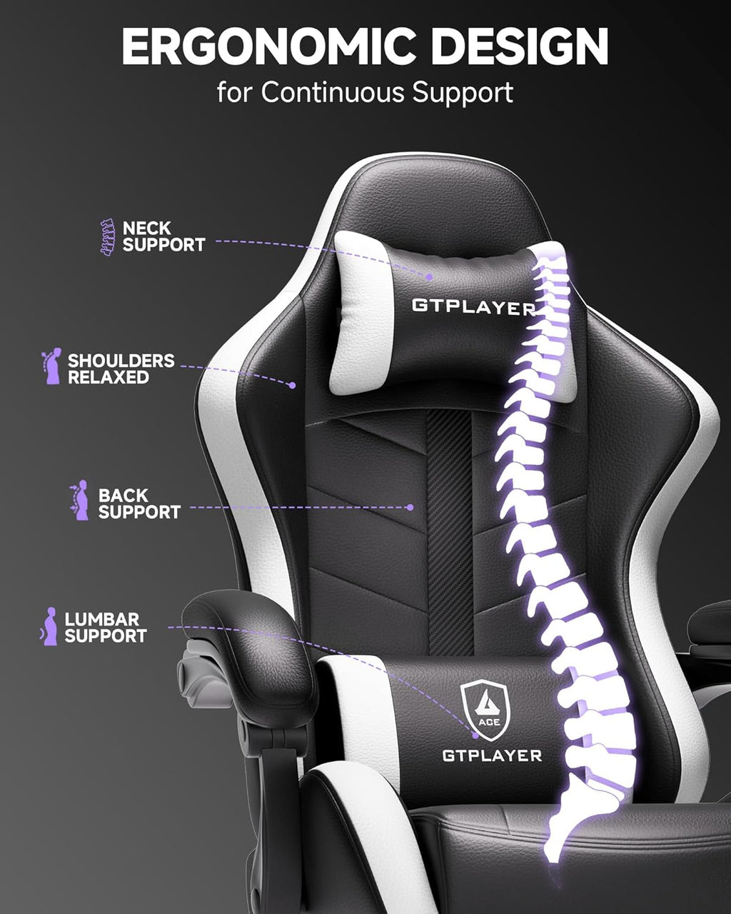 GTPLAYER Gaming Chair for Adults, Ergonomic Computer Gaming Chair with Footrest, Height Adjustable, 90-155° Recline & Removable Headrest Lumbar Support, Snow White