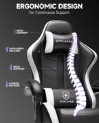 GTPLAYER Gaming Chair for Adults, Ergonomic Computer Gaming Chair with Footrest, Height Adjustable, 90-155° Recline & Removable Headrest Lumbar Support, Snow White