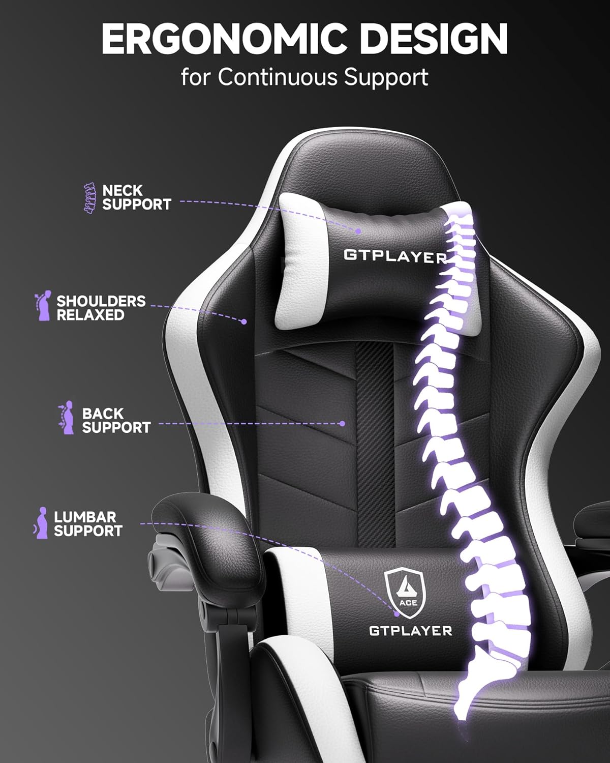 GTPLAYER Gaming Chair for Adults, Ergonomic Computer Gaming Chair with Footrest, Height Adjustable, 90-155° Recline & Removable Headrest Lumbar Support, Snow White