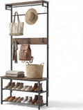 COSTWAY Hall Tree with Bench and Shoe Storage, 4-in-1 Entryway Organizer with 6 Removable Hooks, Top Shelf & Hanging Rod, Industrial Coat Rack for Mudroom Entrance Bedroom Living Room, Rustic Brown