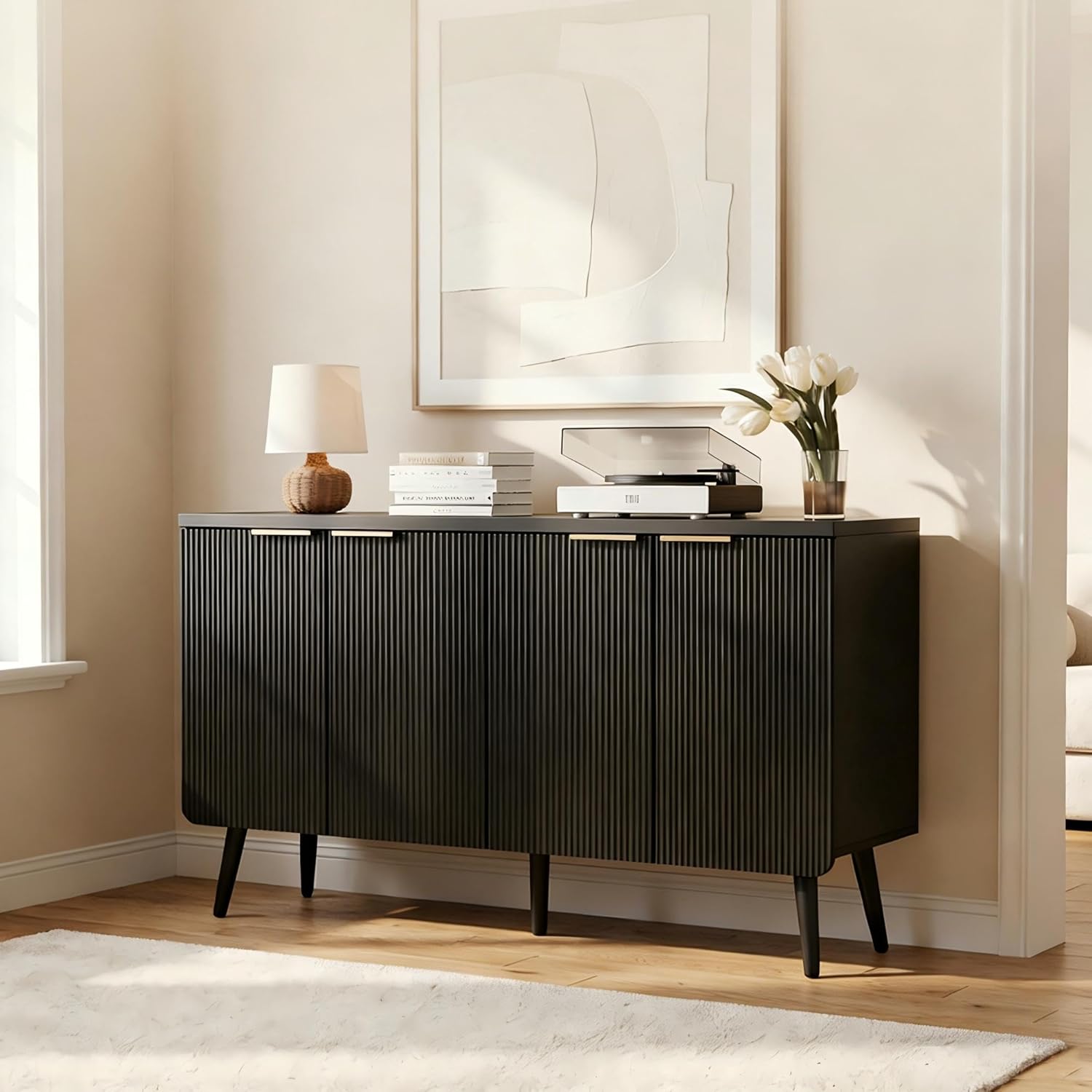 47.2" Versatile Fluted Wooden Storage Sideboard, 4-Door Buffet Cabinet with Adjustable Shelves, Functional Credenza for Living, Dining Room & Entryway Decor, Black