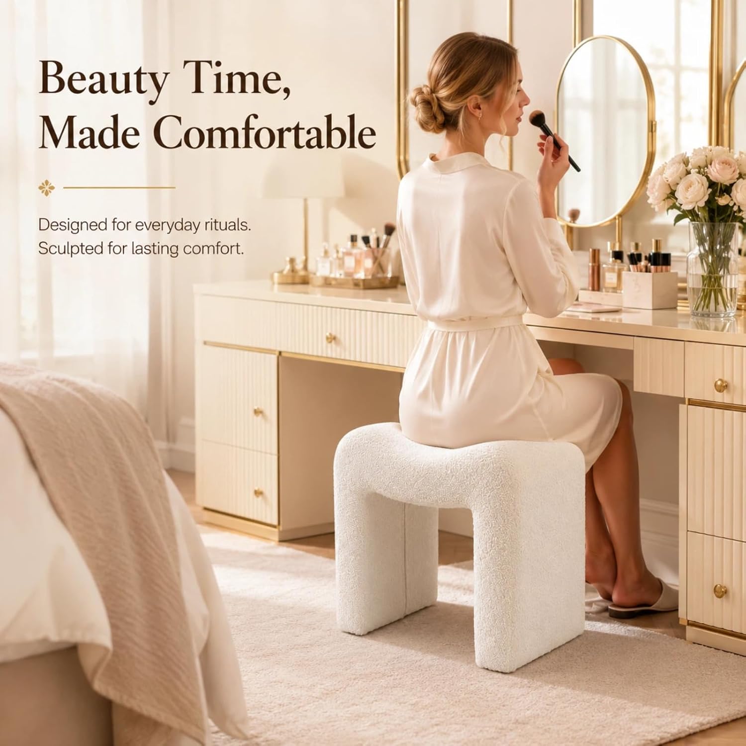 Wimarsbon Vanity Stool Chair, Modern Teddy Velvet Ottoman Footrest, Sofa Bench Footstool Extra Seat, Home Decor for Makeup Room, Living Room, Entryway, Office (M Shaped White)