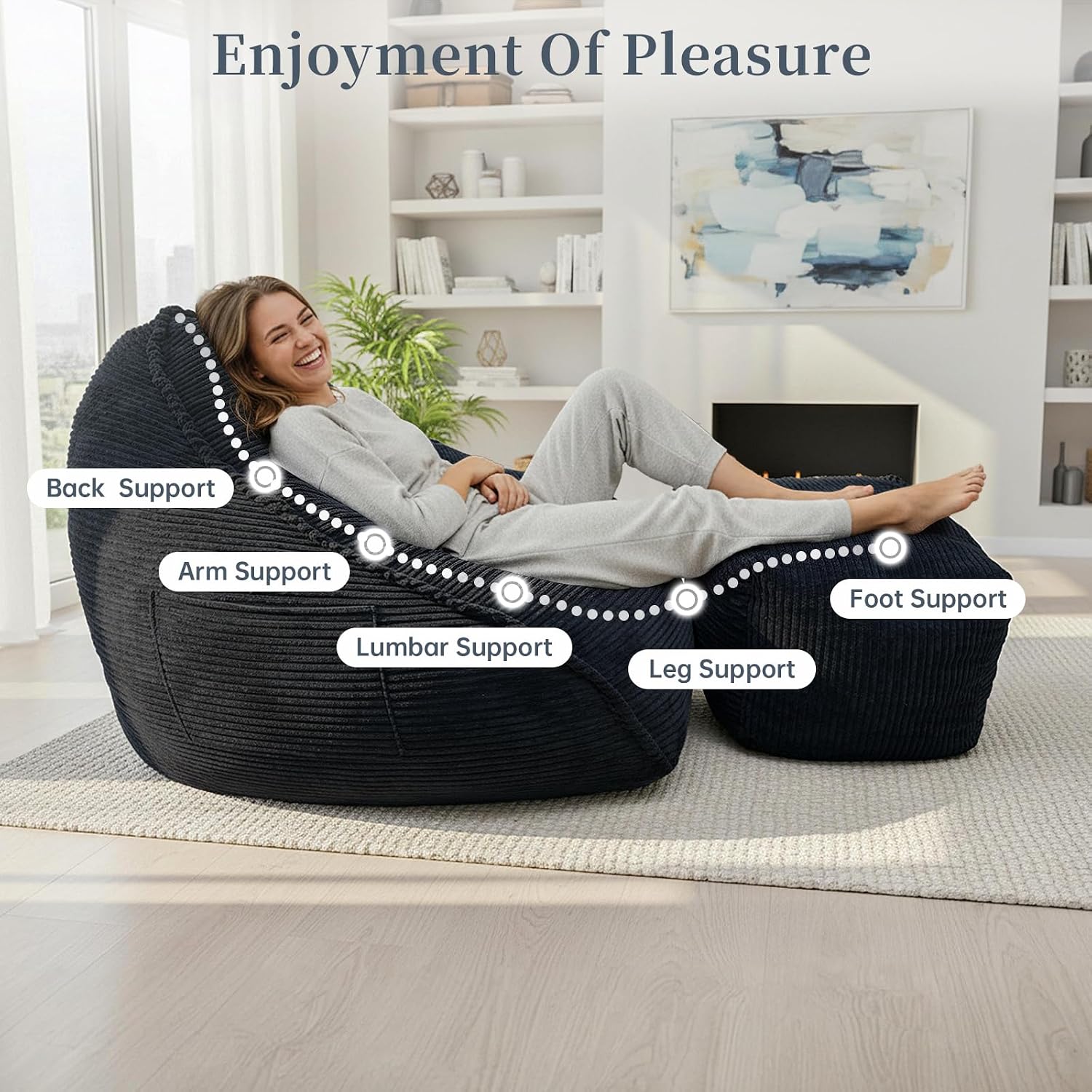WHGBJA 4FT Bean Bag Chair for Adults/Kids with Ottoman,35D Memory Foam Filled,Cozy Fluffy Gaming Chair for Living Room, Bedroom (Black)