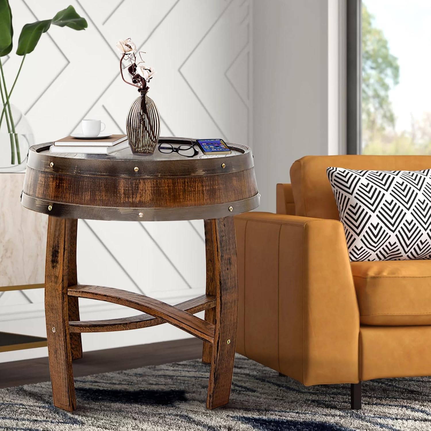 Handcrafted Rustic Whiskey Barrel End Table 23″ Round Solid Wood Accent Coffee & Side Table – Farmhouse Style Nightstand for Living Room Bedroom Patio,N