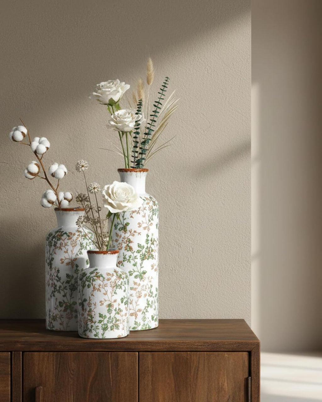 Ceramic Vase Set of 3, Vintage Ceramic Flower Vases, Crackle-Glaze & Distressed Rim, Brown & Green Botanical Pattern, for Home Decor, Living Room Mantel & Dining Table Centerpiece