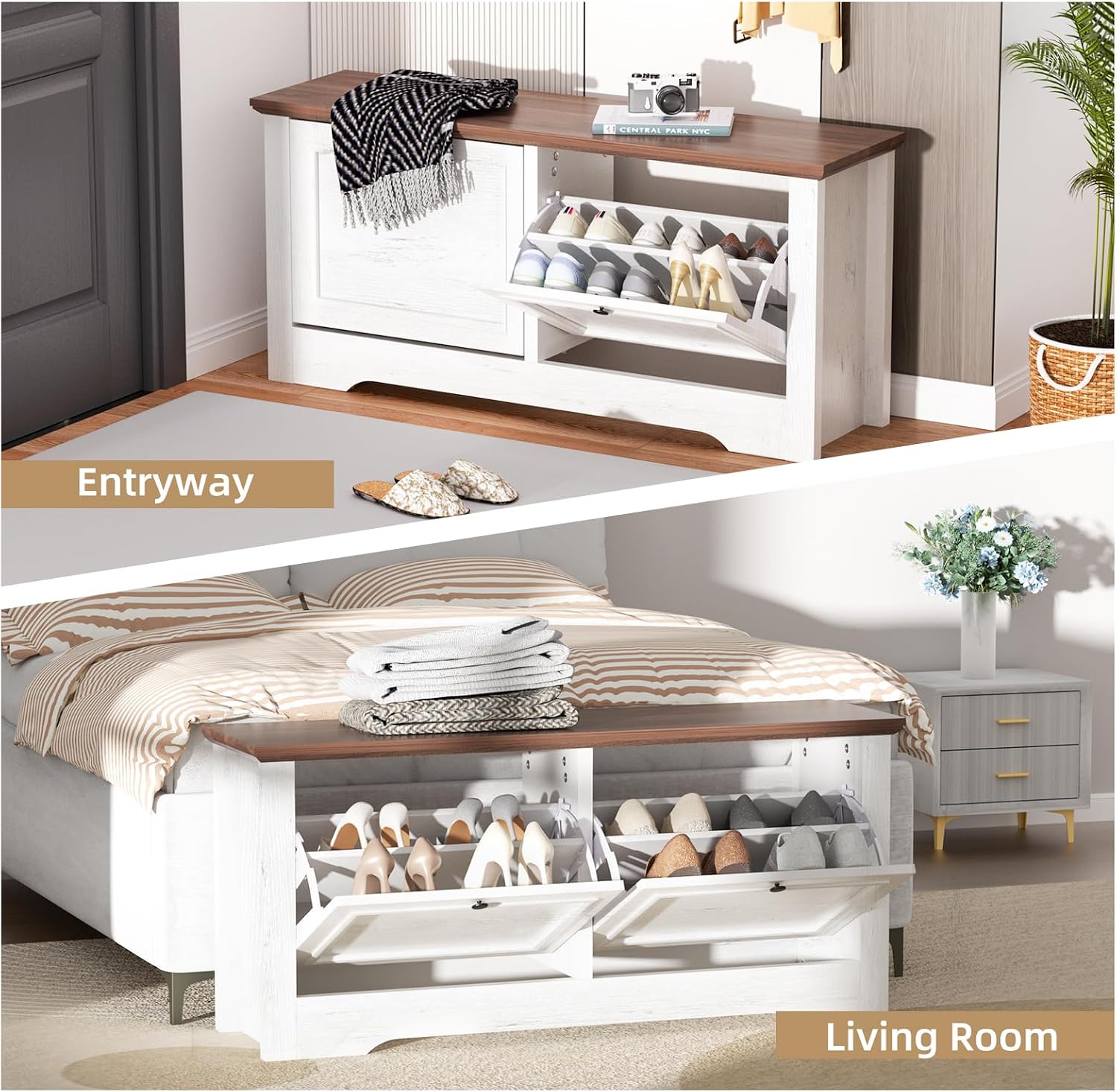 Shoe Storage Bench with Seat, Entryway Shoe Cabinet with Drawers | Flip Drawers and Hidden Storage, Comfortable Seating for Entryway, Hallway, Foyer and Small Spaces