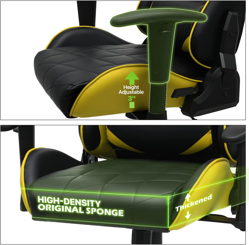 Magshion Gaming Chair, 90°-130° Reclining High-Back Gaming Chair with Lumbar Support, Ergonomic Adult Adjustable-Height Recliner for Home Office, 250 LBS Capacity, Yellow