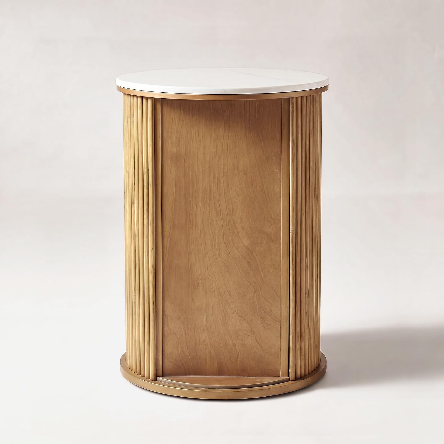Round Fluted End Table with Storage, Natural Wood Side Table with White Sintered Stone Top, Sliding Tambour Door Nightstand, 17.4 Inch Small Accent Stand for Living Room Bedroom