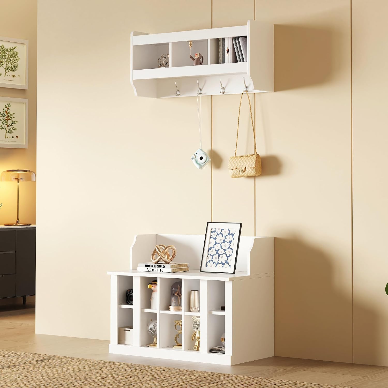 Shoe Storage Bench with Shelves and 4 Hooks, Elegant Hall Tree with Shoes Cubbies and Wall Mounted Coat Rack, Entryway Organizer For Hallway, Foyer, Mudroom, White