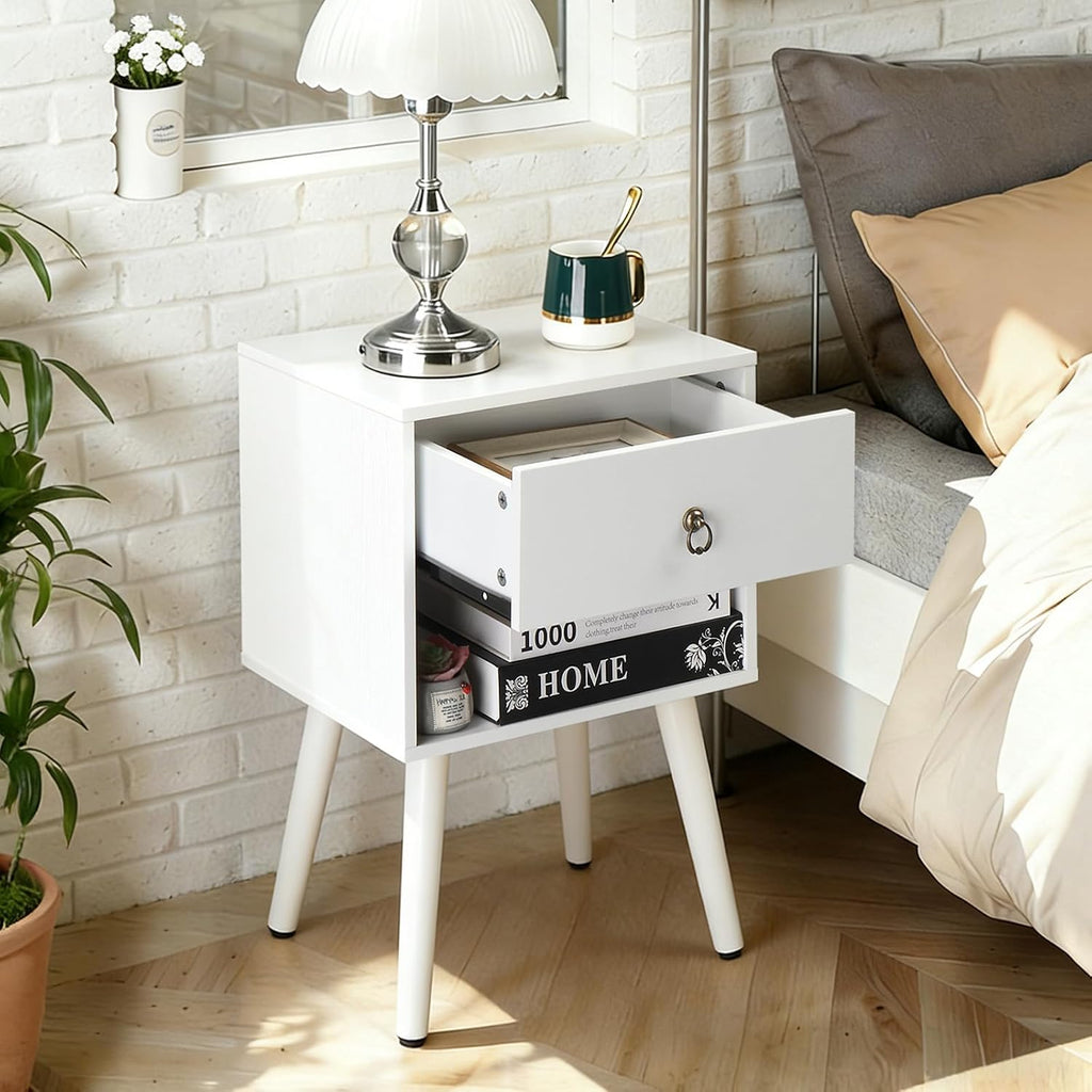 Bonnlo White Nightstand Set of 2, Modern Bedside Table with Drawer Open Shelf, End Table with Solid Wood Legs for Bedroom,
