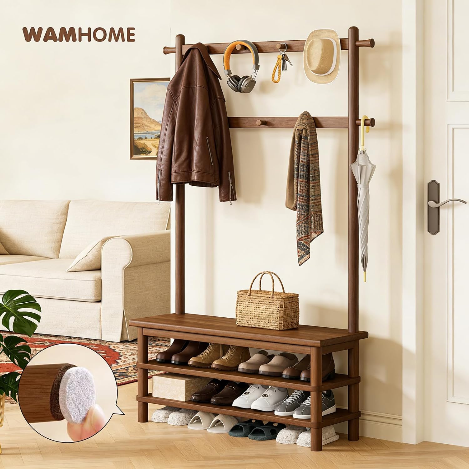 Hall Tree with Shoe Storage Bench, 3-in-1 Entryway Coat Rack with Bench, 11 Hooks, Freestanding Wooden Entryway Organizer for Mudroom, 35" Long