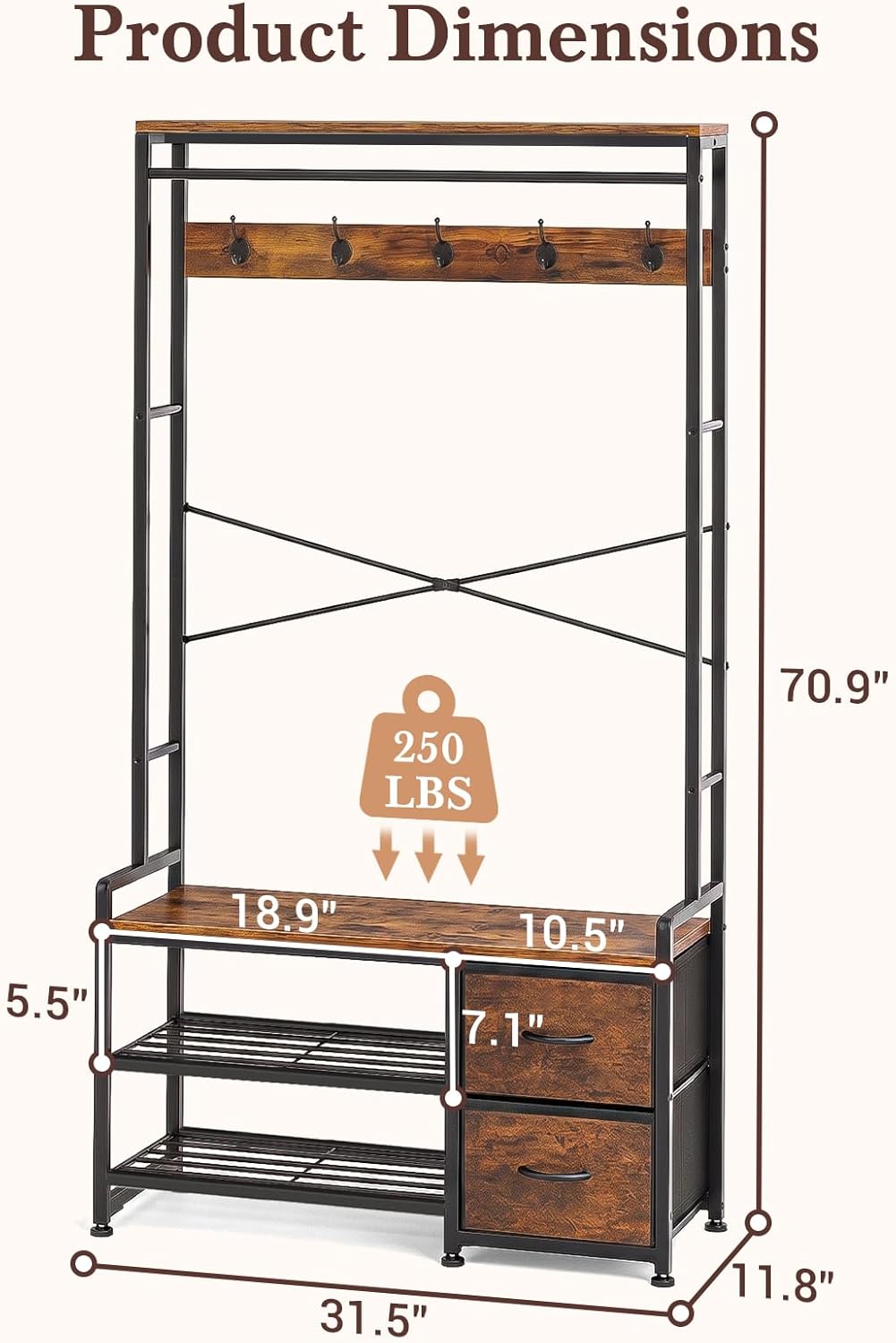 Faesun Hall Tree with Bench and Shoe Storage, Coat Rack, 5-in-1, 31.5" Entryway Bench with 2 Fabric Drawers, Mudroom Bench with Storage and Hooks, Rustic Brown