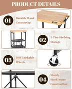 Foldable Kitchen Storage Cart with Solid Oak Top, Heavy-Duty Metal Frame, 3-Tier Rolling Utility Rack, Kitchen Island on Lockable Wheels for Microwave, Toaster Oven & Food Prep