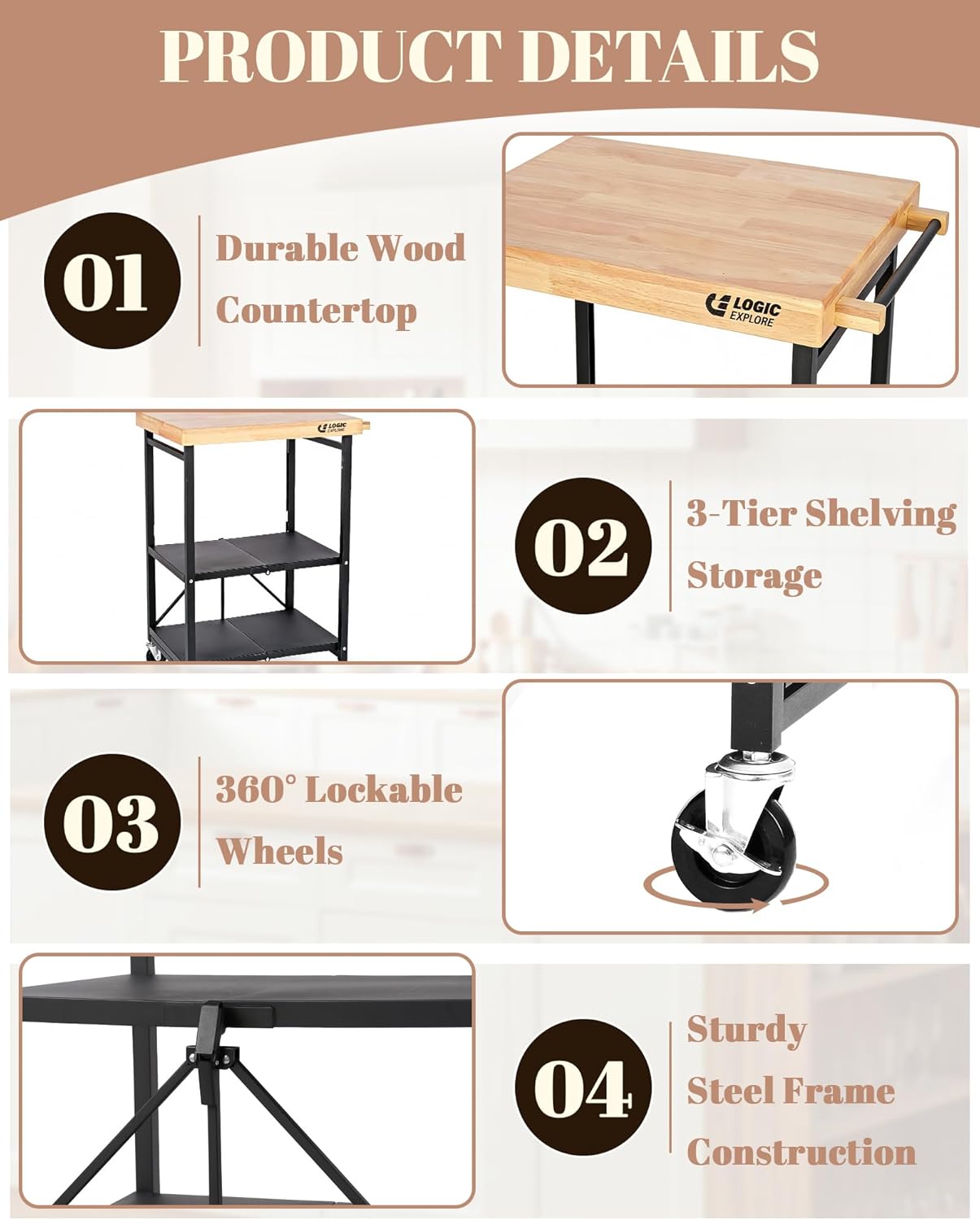 Foldable Kitchen Storage Cart with Solid Oak Top, Heavy-Duty Metal Frame, 3-Tier Rolling Utility Rack, Kitchen Island on Lockable Wheels for Microwave, Toaster Oven & Food Prep