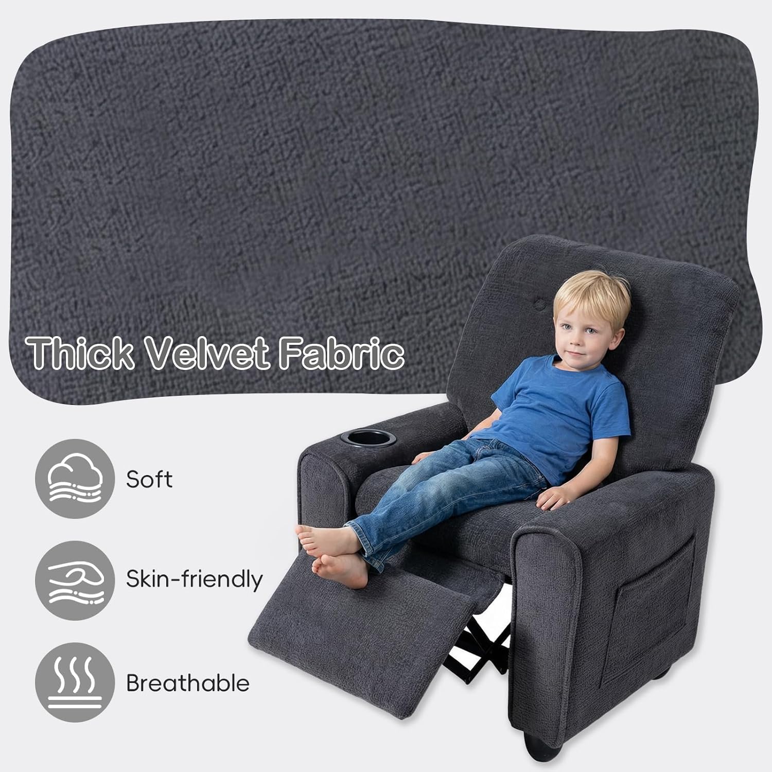 INFANS Kids Recliner, Toddler Lounge Chair with Adjustable Backrest Footrest Cup Holder Side Pockets, Velvet Leather Toddler Couch