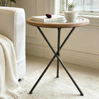 Premium Round Solid Wood Glass Top Side Table, Mid-Century Modern Industrial Accent End Table with Metal Tripod Legs for Living Room, Bedroom, Balcony & Small Spaces