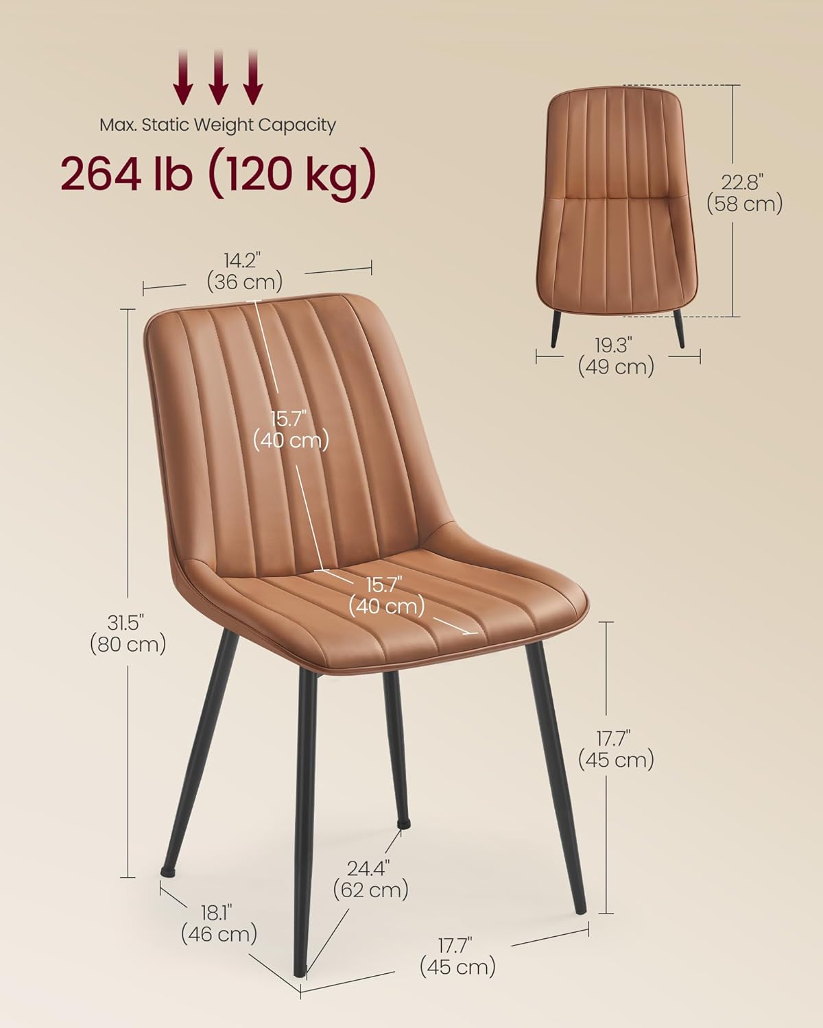 VASAGLE Dining Chairs Set of 4, Upholstered Kitchen Chairs, Synthetic Leather, Max. Load 264 lb, Steel Legs, Curved Backrest, for Dining Room, Caramel Brown and Ink Black ULDC090KN03-2J
