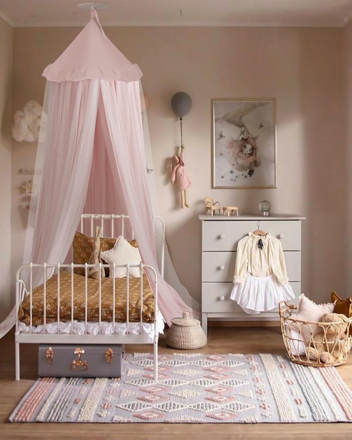 little dove Bed Canopy with Star Lights, Double Layer Canopy for Bed, Princess Play Tent for Girls Room, Breathable Bed Curtain for Children Reading Nook, Machine Washable, 25.6''x106'', Pink