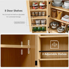 72" Tall Farmhouse Kitchen Pantry Cabinet with 8 Door Shelves, Curved Design Storage Cabinet with 3 Adjustable Shelves, Hidden Drawer, Versatile Cupboard for Kitchen, Dining Room, Natural