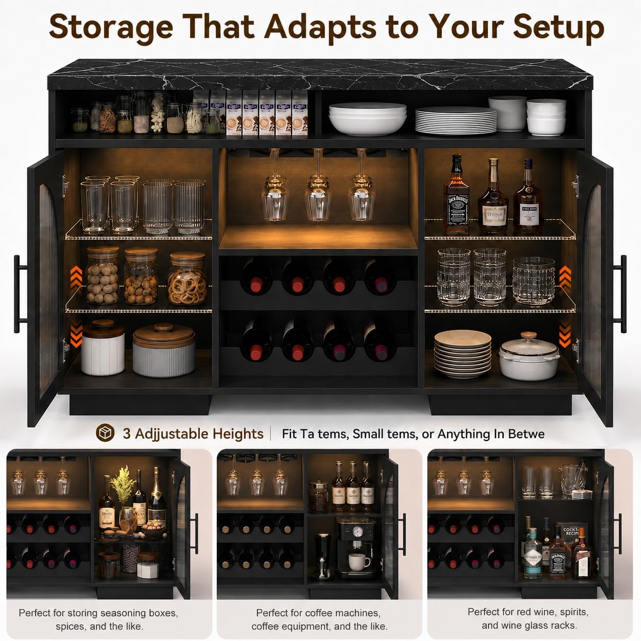 54" Coffee Bar Cabinet with Storage, LED Lights and Arched Glass Doors | Black Wine Bar Cabinet with Wine Rack and Adjustable Shelves, Faux Marble Top for Kitchen, Home Bar, Dining Room, Living Room