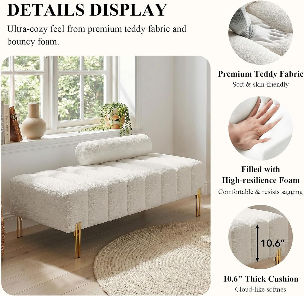 53.2" Width Ottoman Bench, Teddy Upholstered Accent Sofa with Metal Legs, Comfy Love Seat Couches with Adjustable Backrest, End of Bed Bench for Bedroom, Entryway (Beige-Teddy)