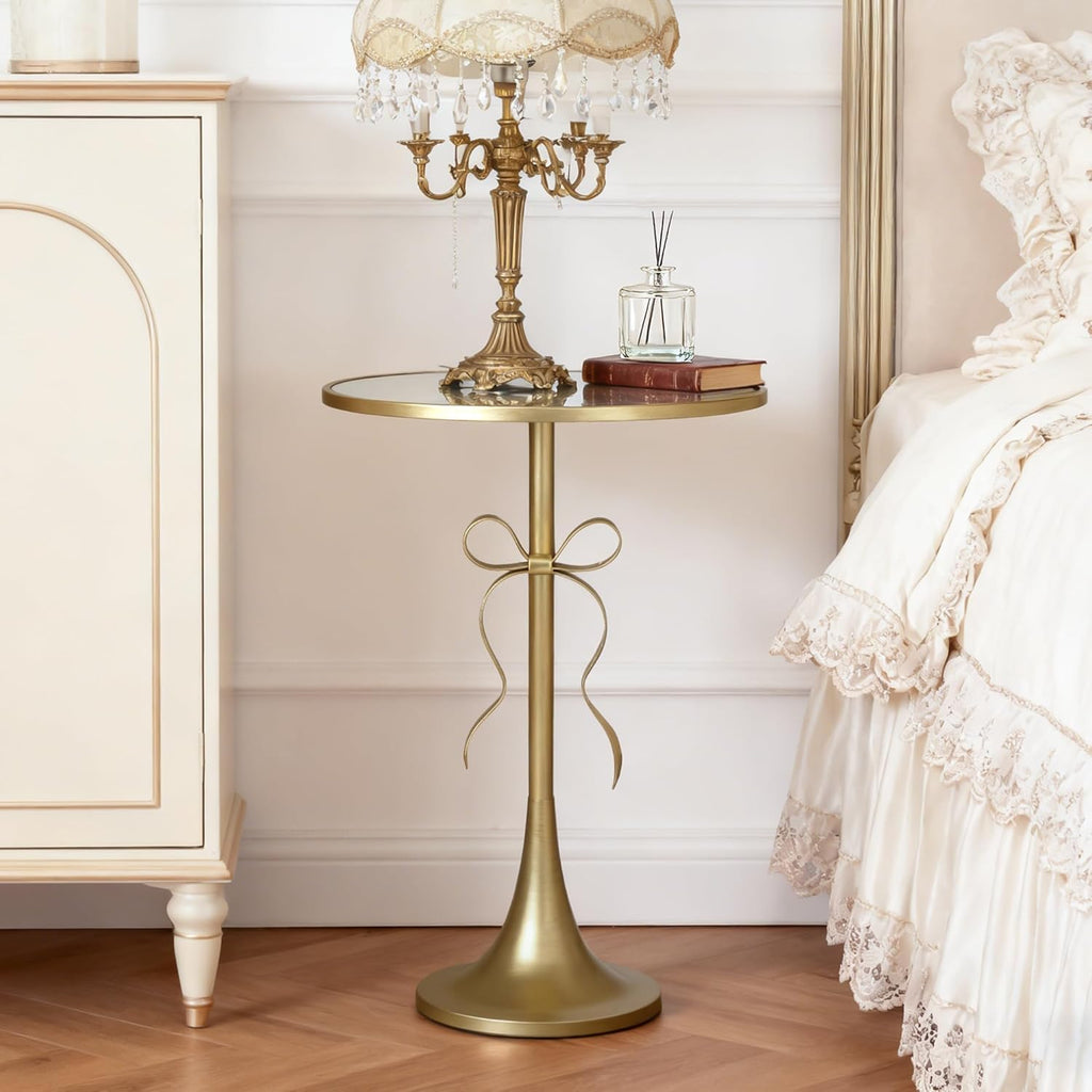 Gold Metal Side Table, Retro Bow Pedestal End Table with Mirror Tabletop, Decorative Martini Drink Table for Small Space, Living Room, Couch, Patio