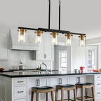 36.2inch 5-Light Kitchen Island Lighting,Dining Room Lights Modern Farmhouse Chandelier with Clear Glass Shade,Modern Rustic Black and Gold Metal Chandelier, Kitchen Pendant Light Fixtures