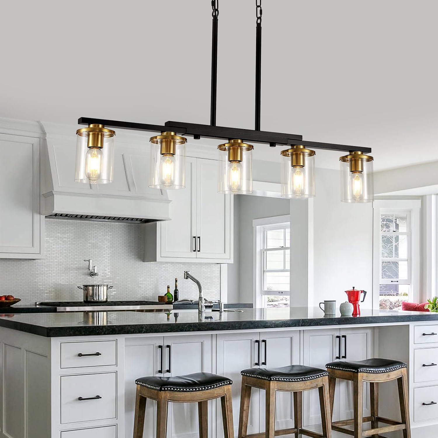 36.2inch 5-Light Kitchen Island Lighting,Dining Room Lights Modern Farmhouse Chandelier with Clear Glass Shade,Modern Rustic Black and Gold Metal Chandelier, Kitchen Pendant Light Fixtures