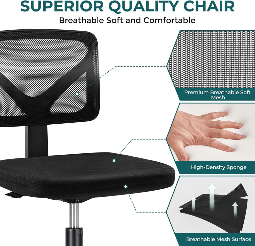 DUMOS Small Office Chair Armless, Ergonomic Adjustable Home Office Swivel Rolling Task Chair No Arms, Comfy Mesh Mid Back Computer Work Vanity Desk Chiars with Wheels for Small Spaces, Inky