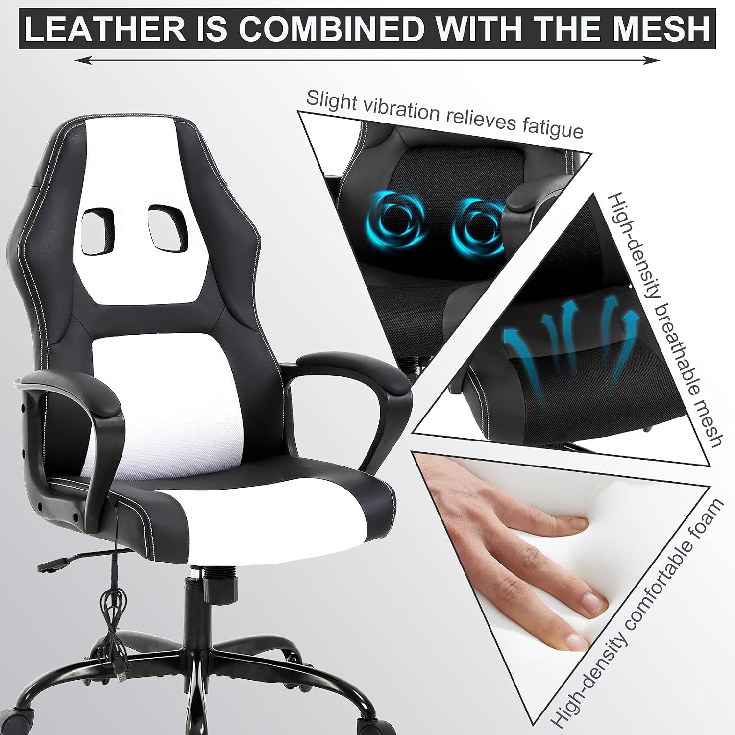 Gaming Chair Massage Office with Lumbar Support Headrest, Ergonomic Desk Padded Armrest, PC Racing Style Computer Chair, Modern Rolling Swivel White, 19.3 x 18.1 45.7 inches