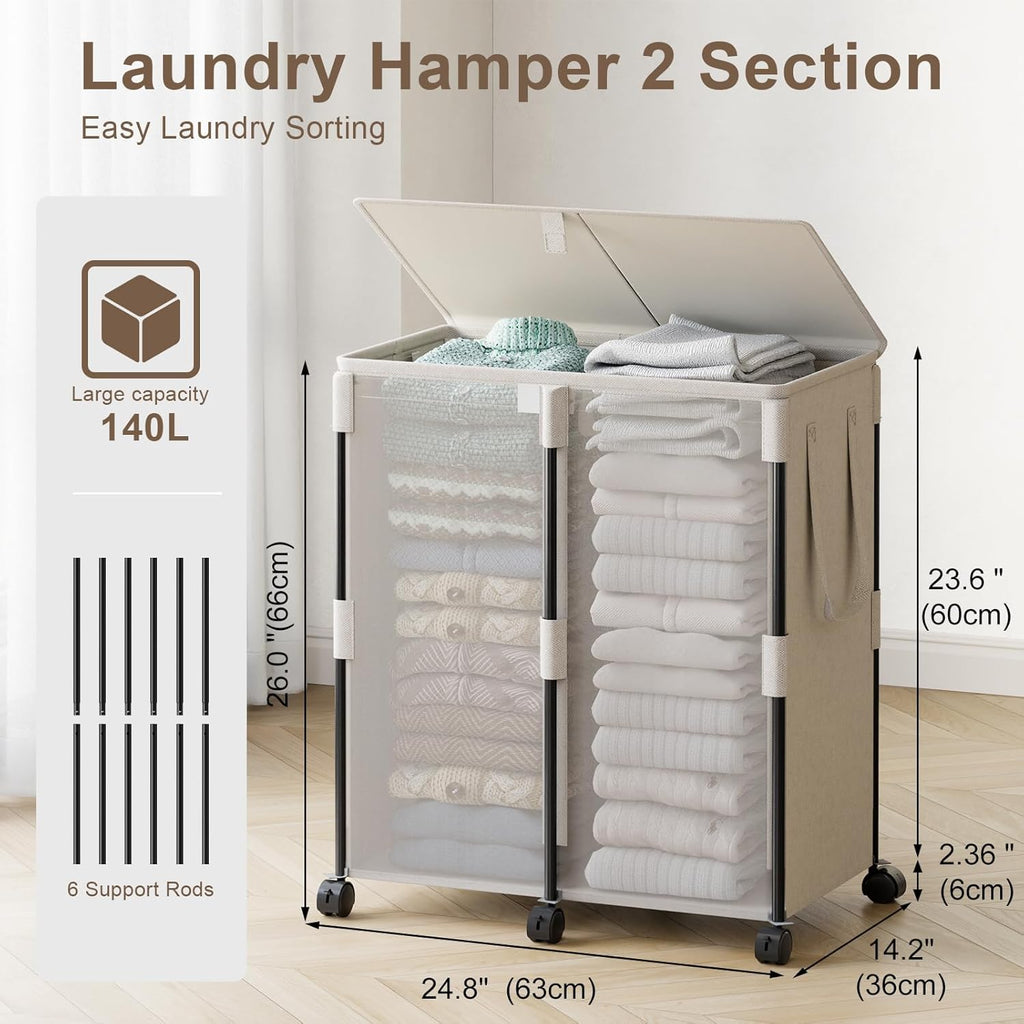 140L Double Laundry Hamper with Lid and 6 Wheels, Rolling Laundry Basket with 2 Removable Bags, Heavy Duty Metal Frame Clothes Cart, 2-Section Laundry Sorter for Bedroom, Bathroom (White)