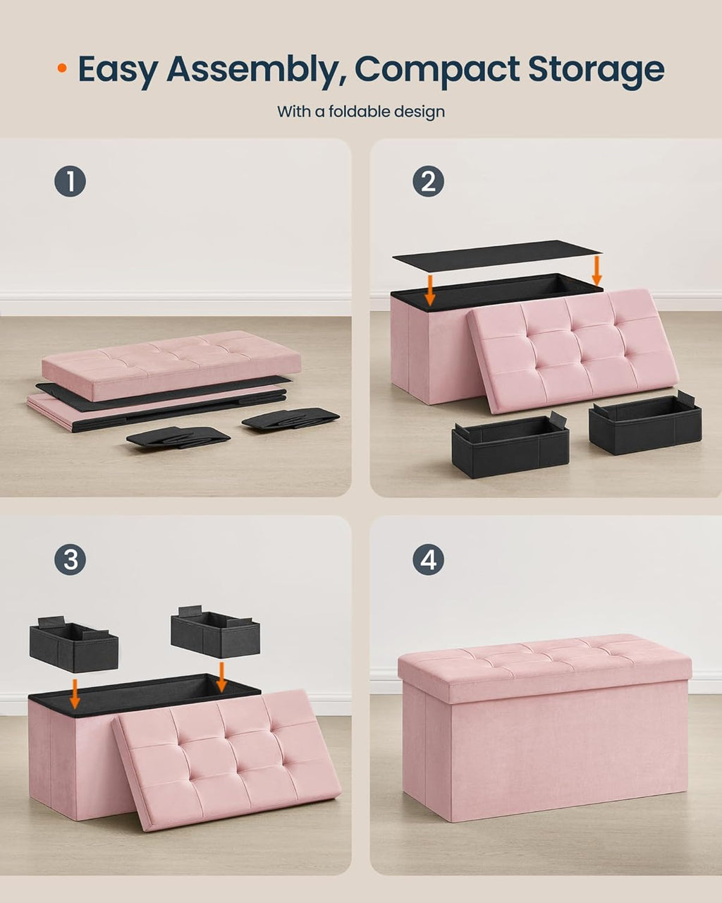 SONGMICS HOME Ottoman with Storage, Removable Lid, Folding Storage Chest, Easy Assembly, for Entryway, Bedroom, Living Room, 15.2 x 30.2 x 15.2 Inches, Velvet, Pink