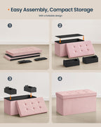 SONGMICS HOME Ottoman with Storage, Removable Lid, Folding Storage Chest, Easy Assembly, for Entryway, Bedroom, Living Room, 15.2 x 30.2 x 15.2 Inches, Velvet, Pink