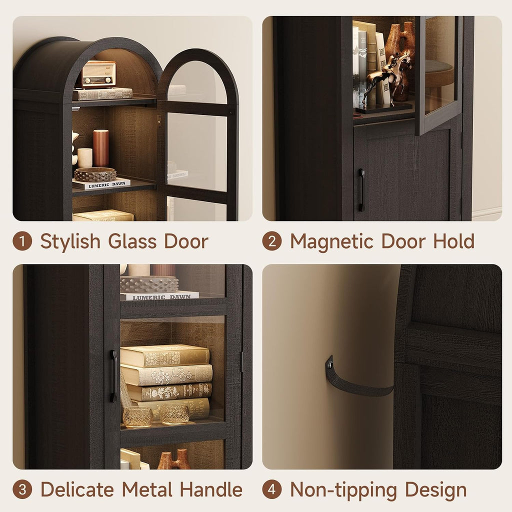 71" Narrow Arched Display Cabinet with Glass Doors, 5-Tier Curio Cabinet with LED Lights for Collectibles, Tall Bookcase Kitchen Pantry Storage Cabinet for Corner, Small Space, Living Room, Black