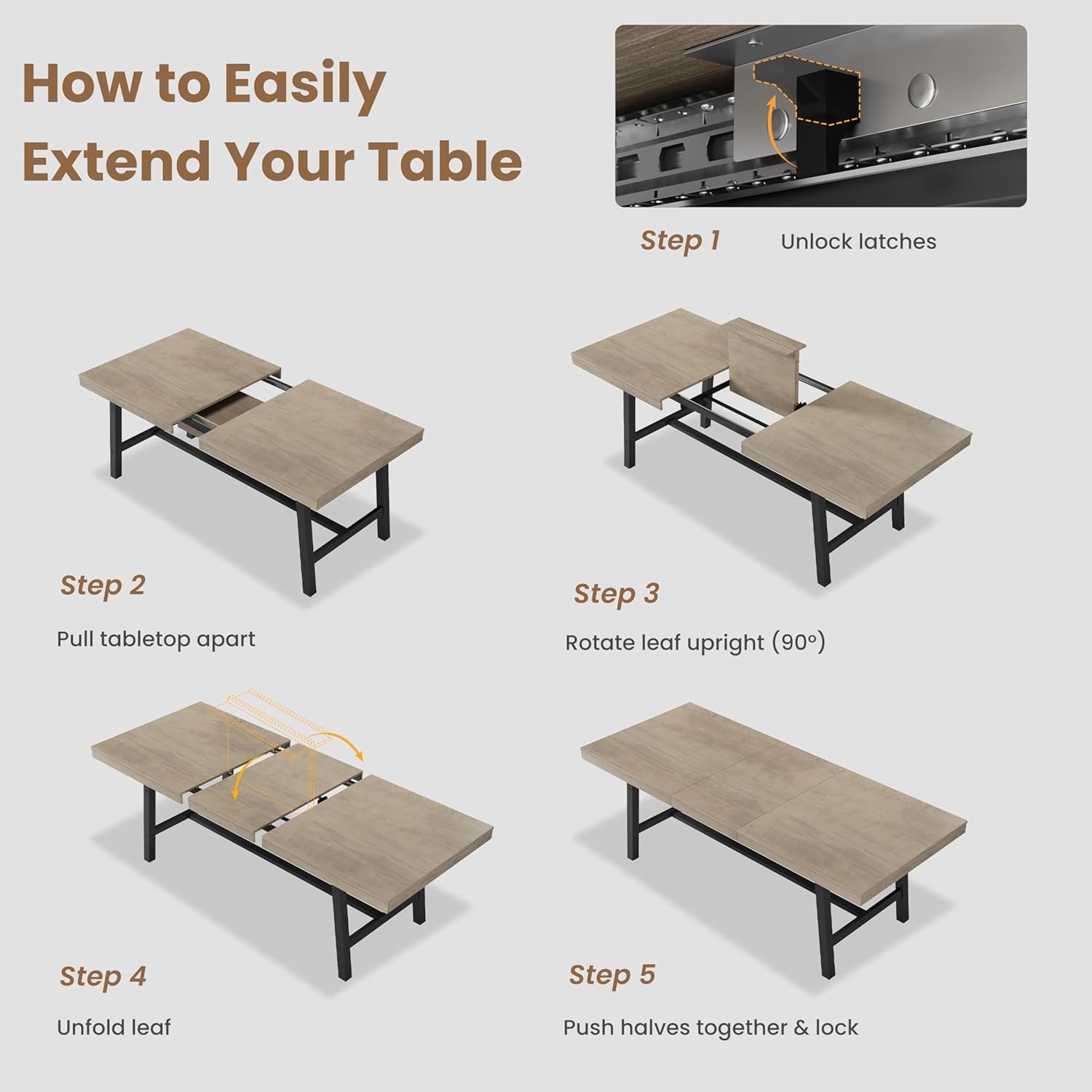 GarveeHome 63-83" Extendable Dining Table, Industrial Rectangular Dining Room Table for 6-8 People, Expandable Kitchen Table with Heavy Duty Metal Frame for Dining Room, Kitchen & Parties, Grey